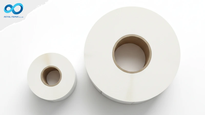 ภาพมุมบนเปรียบเทียบขนาดแกนสติ๊กเกอร์ม้วน (Core ID) ขนาด 1 นิ้ว และ 3 นิ้ว และขนาดม้วน (OD) ที่แตกต่างกัน