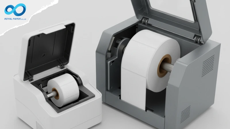 เปรียบเทียบการใส่สติ๊กเกอร์ม้วนในเครื่องพิมพ์ Desktop (แกน 1 นิ้ว) กับเครื่องพิมพ์ Industrial (แกน 3 นิ้ว)