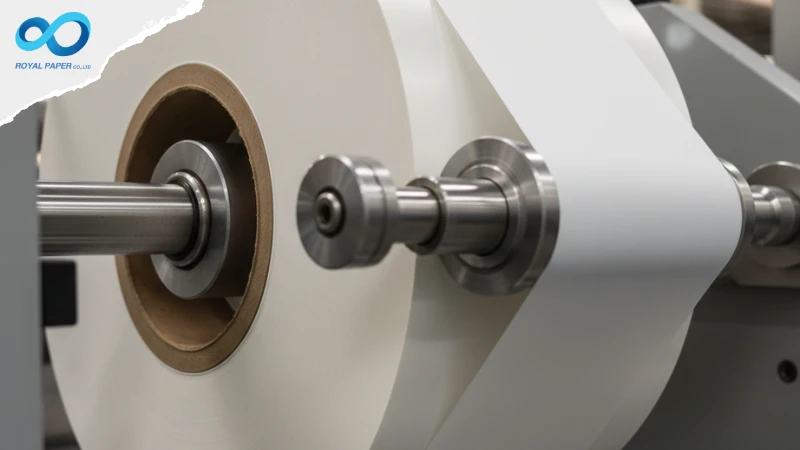 เครื่อง Unwinder กำลังคลี่ม้วนสติ๊กเกอร์เปล่าสีขาวขนาดใหญ่เข้าสู่กระบวนการผลิต