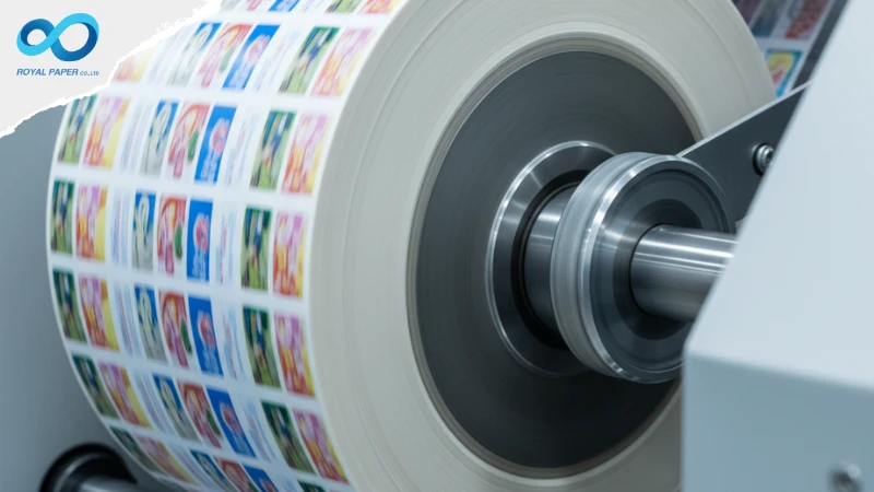 เครื่อง Rewinder คือส่วนที่กำลังม้วนสติ๊กเกอร์ที่พิมพ์เสร็จแล้วกลับเข้าเป็นม้วน