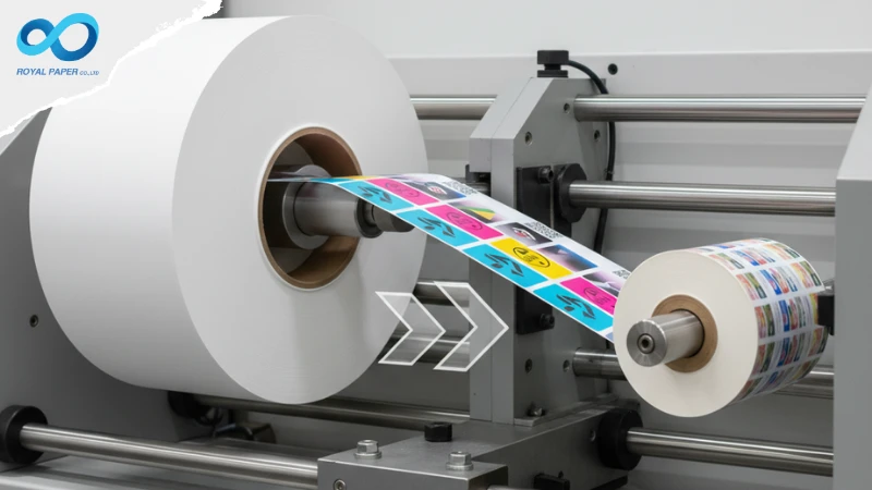 แผนภาพแสดงกระบวนการทำงานจาก Unwinder (ซ้าย) ไปยัง Rewinder (ขวา) ในเครื่องพิมพ์สติ๊กเกอร์